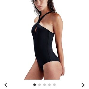 Solid & striped‎ Black One-Piece Swimsuit Plunging V-Neck  High-Cut Legs (0642)